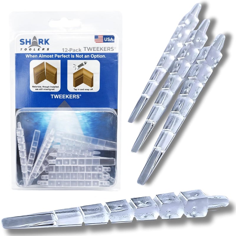 Shark Toolers Tweekers Invisible Leveling Shims, Ideal for Contractors – Breakaway Spacers for Cabinet, Door, Trim, and Tile Installation – Clear, Stackable Shims for Pros – Made in USA – 12 Pack - Image 1